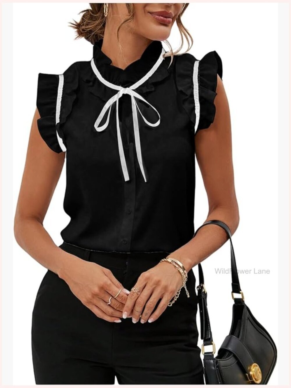 Women's Work Blouse Bow Tie Neck Ruffle Trim Vintage Business Casual Top